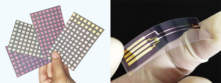 （左）印刷した紙のセンサ　（右）電子デバイス型センサ
提供：南 豪 研究室