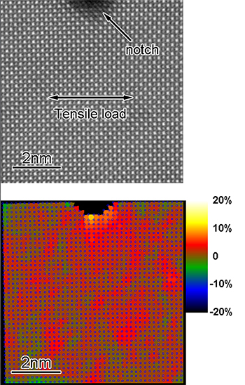 (Upper) Scanning TEM image of SrTiO3 single crystal under loading. (Bottom) Strain map (exx). [1] [1] E. Tochigi, T. Sato, N. Shibata, H. Fujita, Y. Ikuhara, Microsc. Microanal. 26, S2, 1838-1840 (2020).